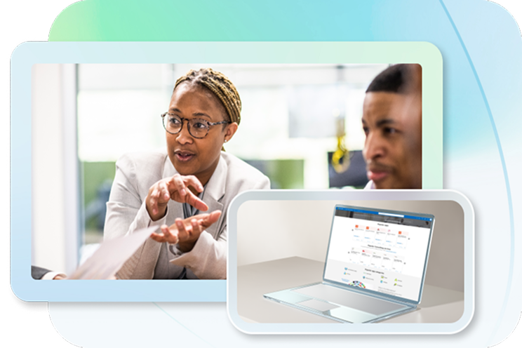 Someone talking with their hands and an insert of a laptop.