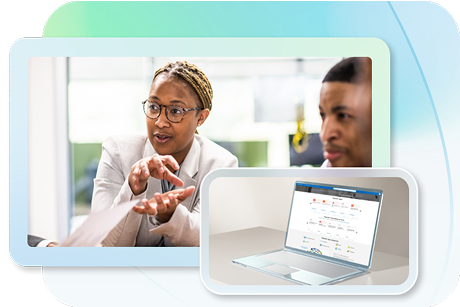 Someone talking with their hands and an insert of a laptop.