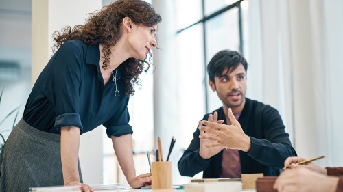 Coworkers have a meeting around a table