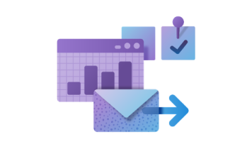 Icons of a chart, mail being sent, and a sticky note