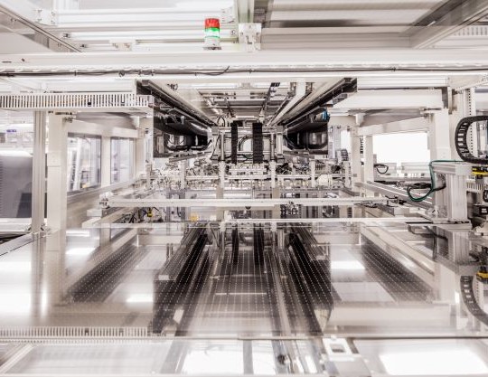 View of industrial tools in assembly line of electronics factory