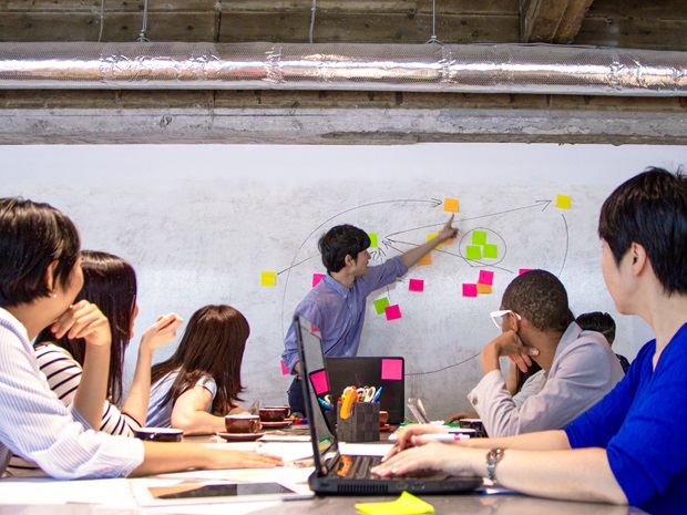 Man standing before a table of his colleagues and gesturing to a whiteboard with sticky notes placed on a diagram.