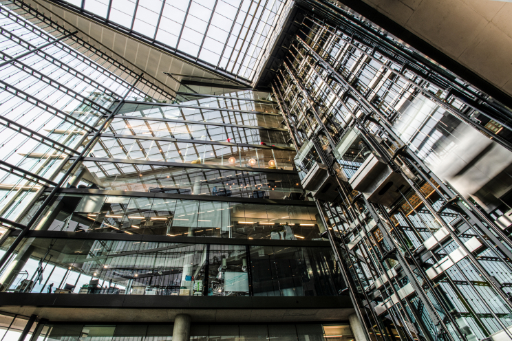 The atrium of an office building