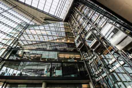 The atrium of an office building