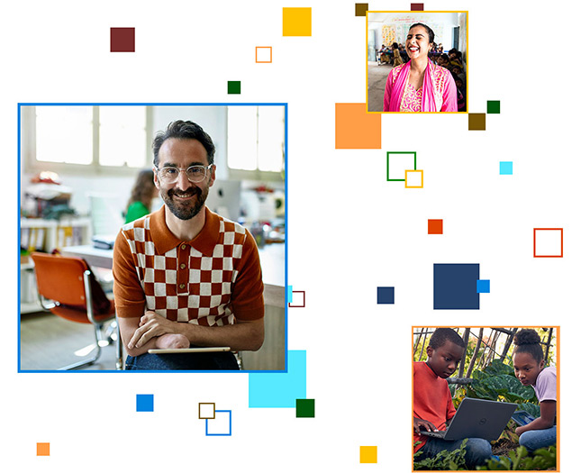 A collage of diverse individuals from around the world. Colorful #BuildFor2030 pixels surround them