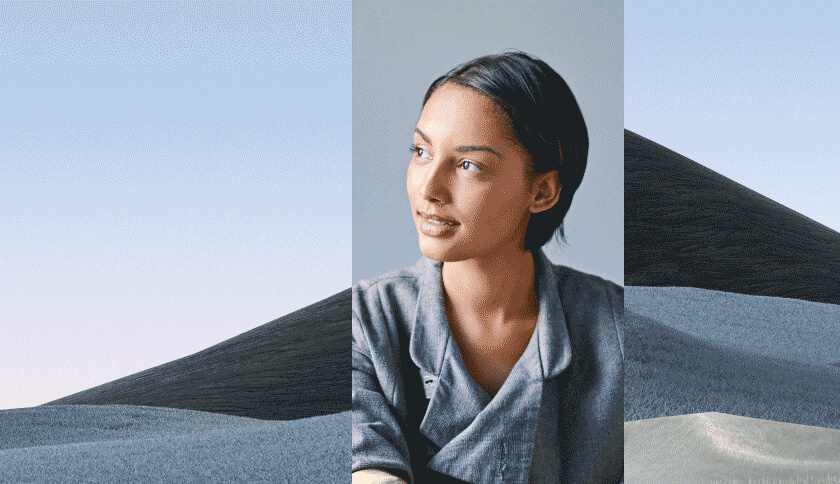 Collage of a person and landscape in neutral grey tones