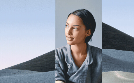 Collage of a person and landscape in neutral grey tones