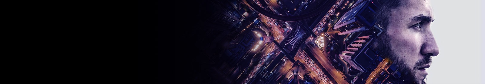 Profile of man’s face with downtown city system