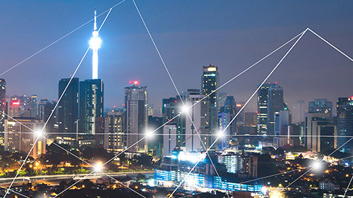 City skyline with connecting lines and points