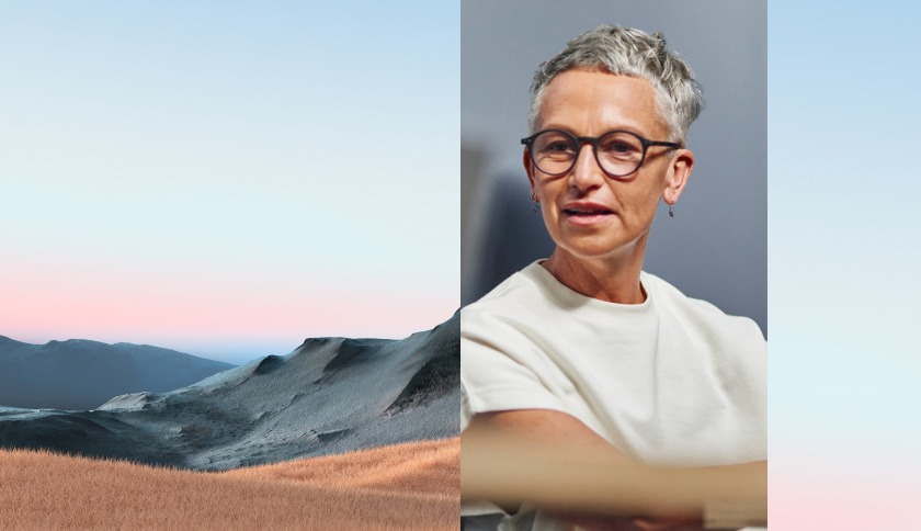 An image collage showing a person speaking overlayed with a muted landscape