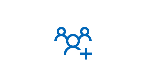 Blue icon of three people next to a plus sign