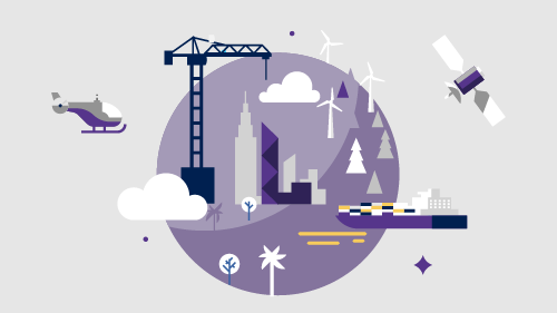 Illustration of buildings and vehicles