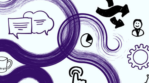Illustration with purple swirls and icons