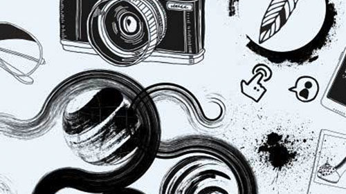 Illustration with black swirls and camera and feather