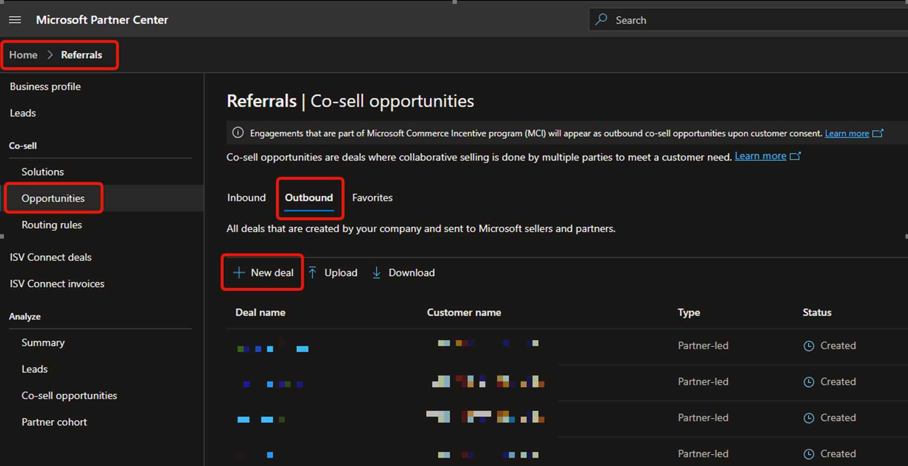 Co-sell referral dashboard in Partner Center.