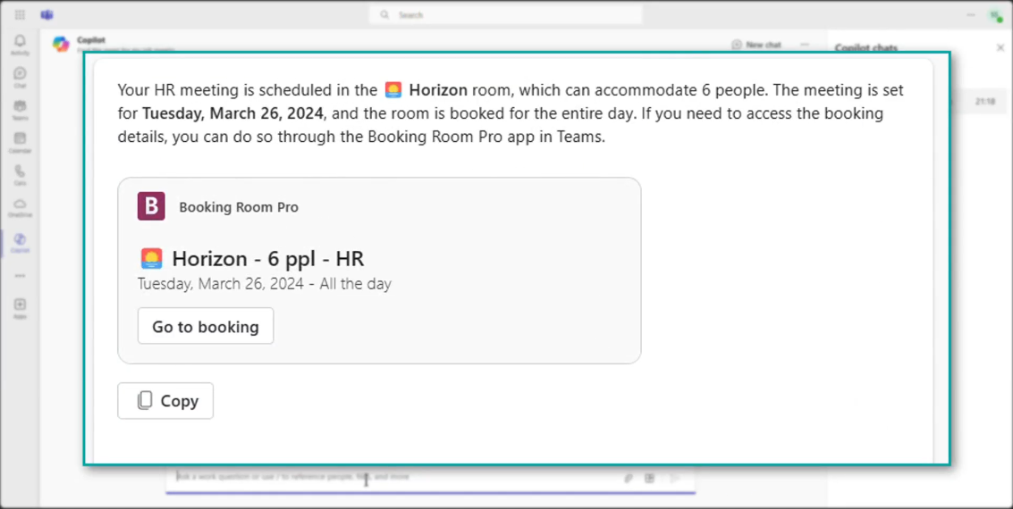 A screenshot shows Copilot responding with information about the space for an upcoming meeting scheduled with Booking Room Pro.