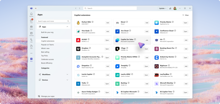 Microsoft Teams App Store interface with 27 Copilot extensions available to Open or Add in Teams.