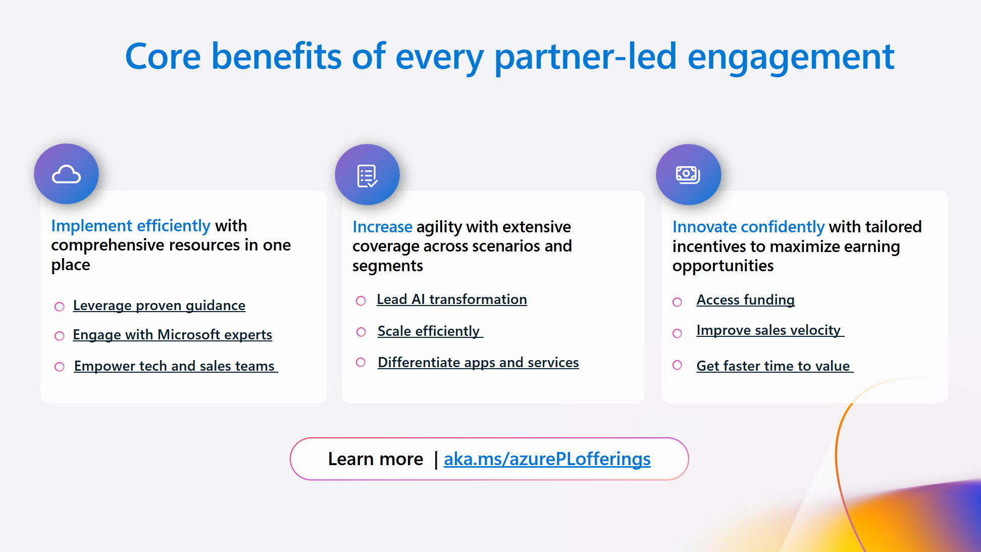 A graphic depiction of core benefits for partner engagements.