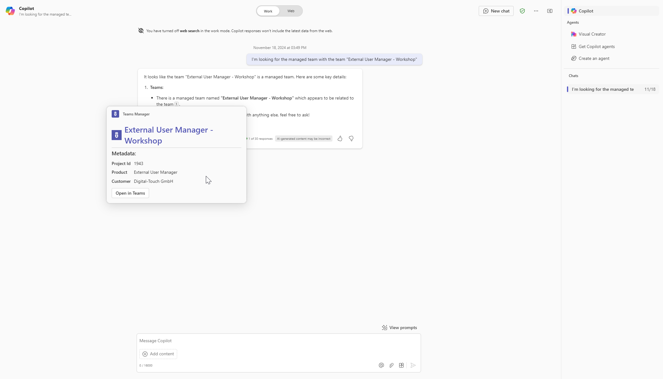 Copilot 中 Teams Manager 代理的屏幕截图显示用户请求特定的团队频道，而代理使用请求的信息进行响应。