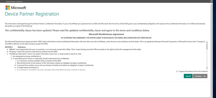 A screen capture of the NDA for Microsoft