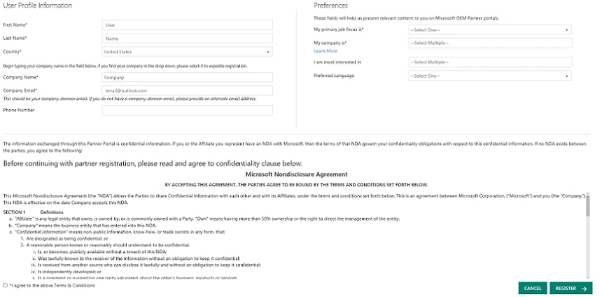 A screen capture of the NDA for Microsoft User Profile Information