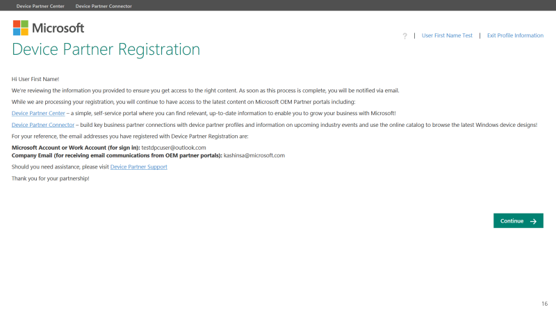 A screen capture of the Device Partner Registration continue page